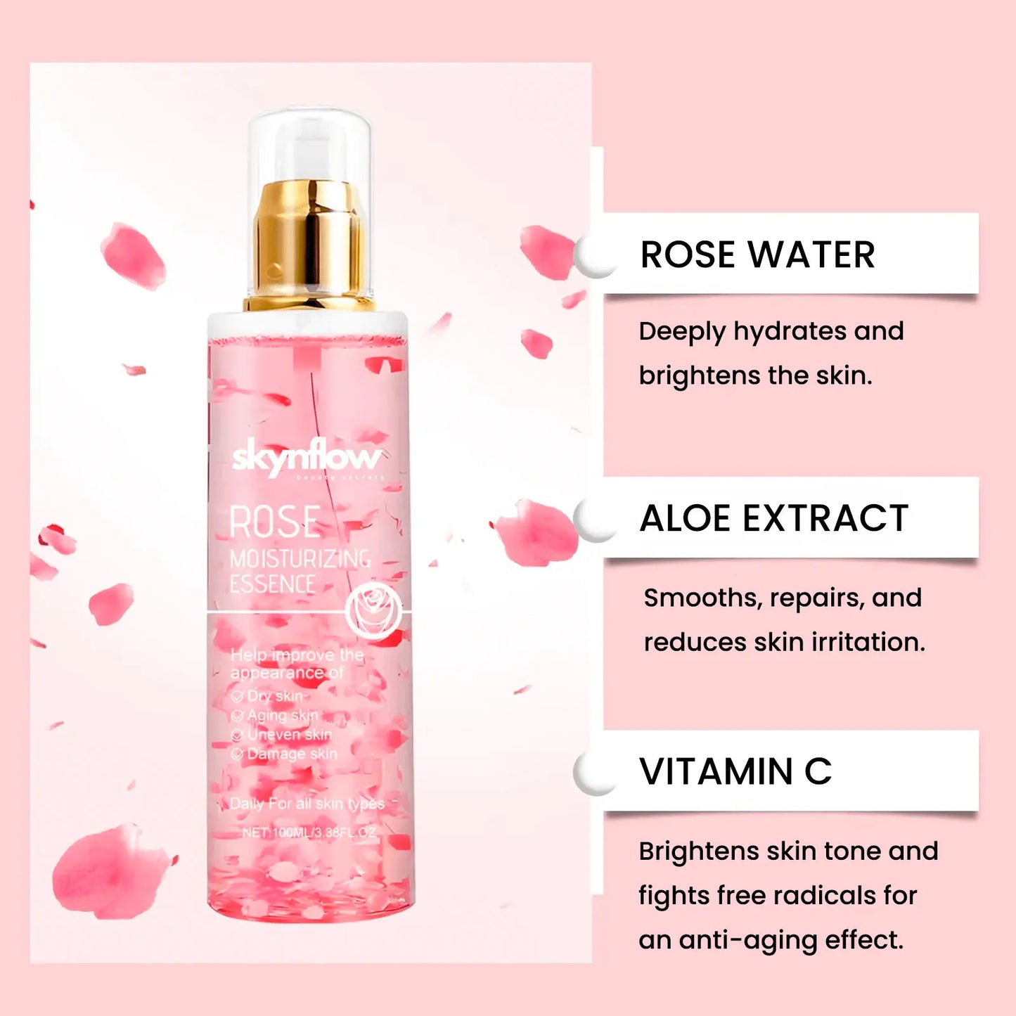 Refreshing and hydrating facial toner with rose essence, aloe vera and Vitamin C